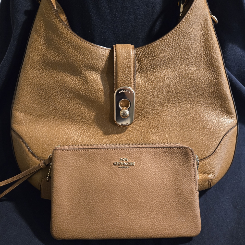 Coach Tan Leather Shoulder Bag and Wristlet Set
